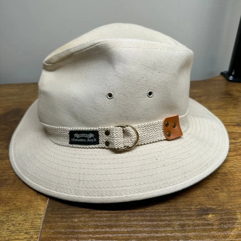 Panama Jack Mens Canvas Safari Fedora Hat Cream Off‎ White Made in USA Medium
